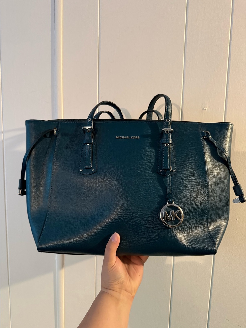 * RARE * Michael Kors Teal Saffiano Leather Tote with Silver MK Charm